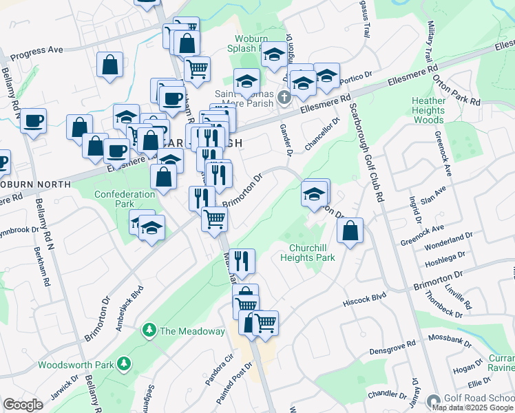 map of restaurants, bars, coffee shops, grocery stores, and more near Peace Drive in Toronto
