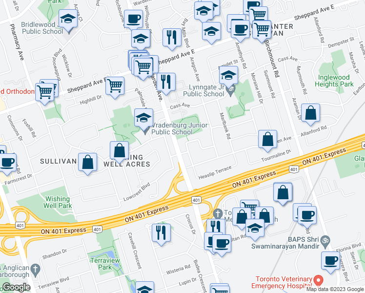map of restaurants, bars, coffee shops, grocery stores, and more near 20 Arkona Drive in Toronto