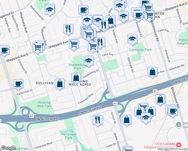 map of restaurants, bars, coffee shops, grocery stores, and more near 47 Shrewsbury Square in Toronto