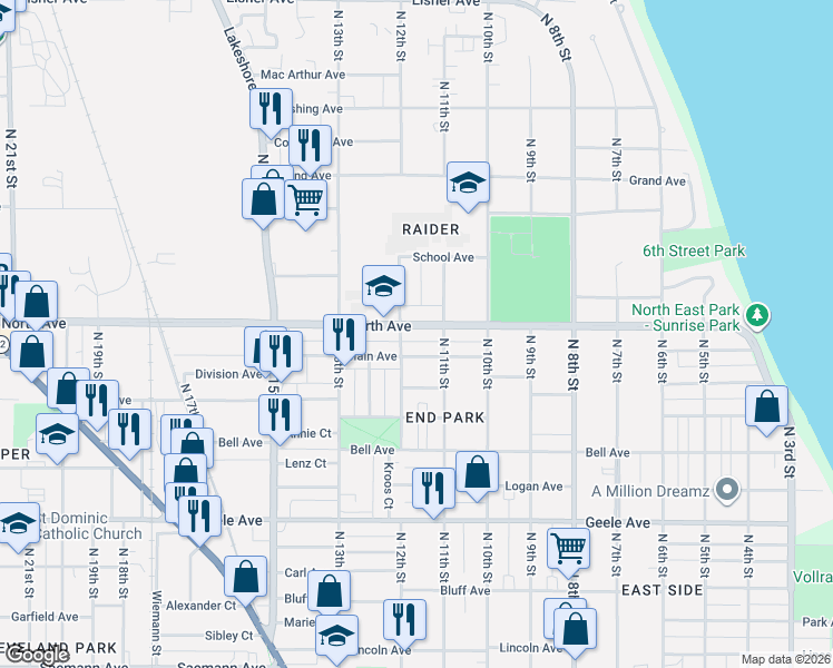map of restaurants, bars, coffee shops, grocery stores, and more near 1103 Main Avenue in Sheboygan