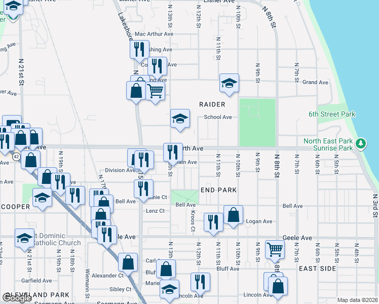 map of restaurants, bars, coffee shops, grocery stores, and more near 1208 Main Avenue in Sheboygan