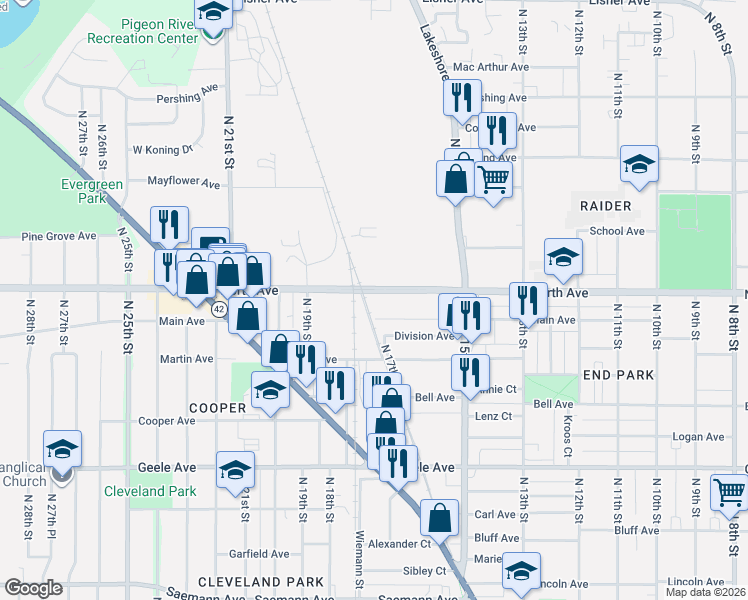 map of restaurants, bars, coffee shops, grocery stores, and more near 1706 Main Avenue in Sheboygan