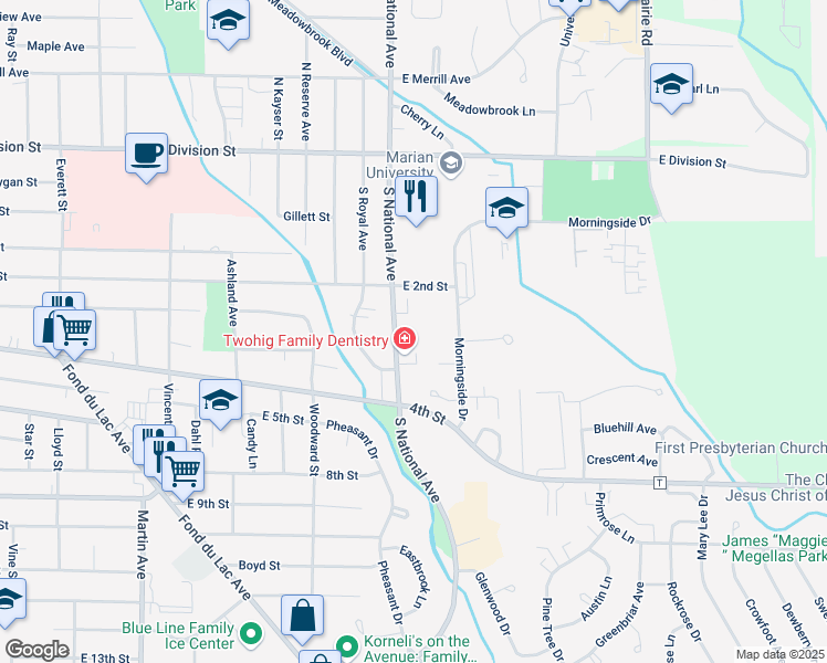 map of restaurants, bars, coffee shops, grocery stores, and more near 208 Morningside Drive in Fond du Lac