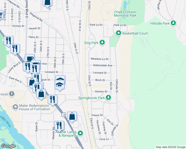 map of restaurants, bars, coffee shops, grocery stores, and more near 3327 Birch Street in La Crosse