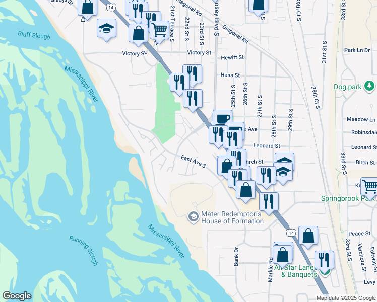 map of restaurants, bars, coffee shops, grocery stores, and more near 3511 East Avenue South in La Crosse