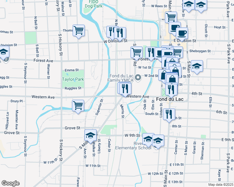 map of restaurants, bars, coffee shops, grocery stores, and more near 196 Western Avenue in Fond du Lac