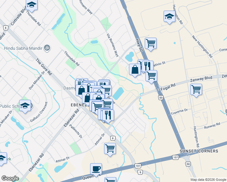 map of restaurants, bars, coffee shops, grocery stores, and more near 2 Davenfield Circle in Brampton