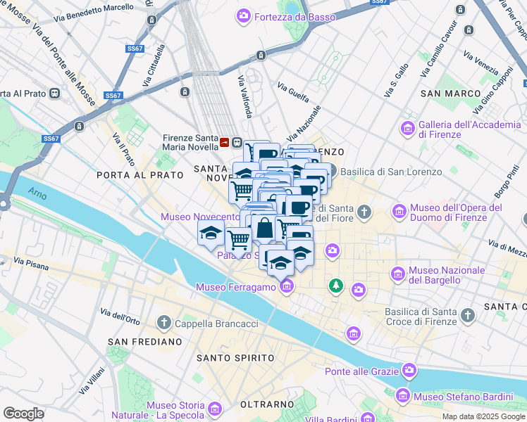 map of restaurants, bars, coffee shops, grocery stores, and more near 71 Via del Moro in Firenze