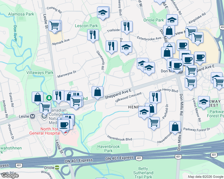 map of restaurants, bars, coffee shops, grocery stores, and more near 10 Silkwood Crescent in Toronto