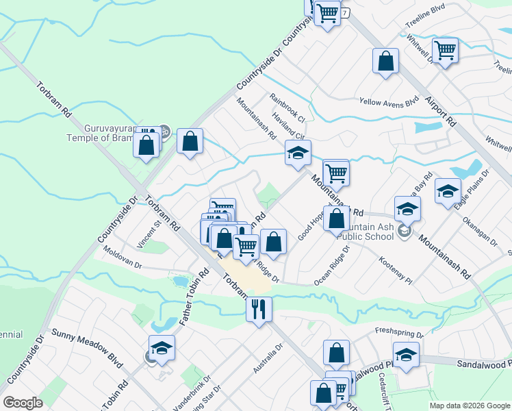 map of restaurants, bars, coffee shops, grocery stores, and more near in Brampton