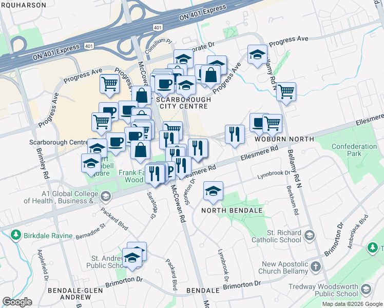 map of restaurants, bars, coffee shops, grocery stores, and more near 1680 Ellesmere Road in Toronto