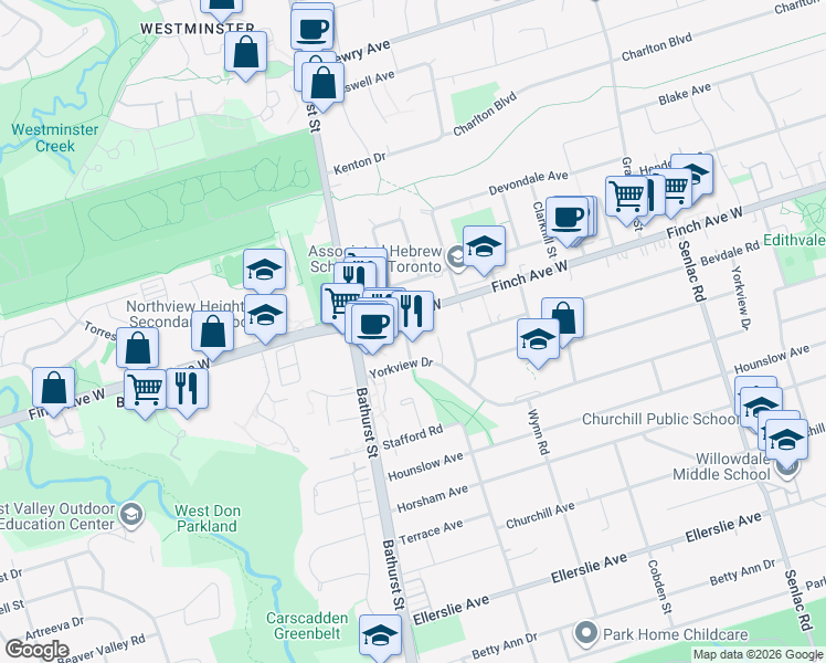 map of restaurants, bars, coffee shops, grocery stores, and more near in Toronto
