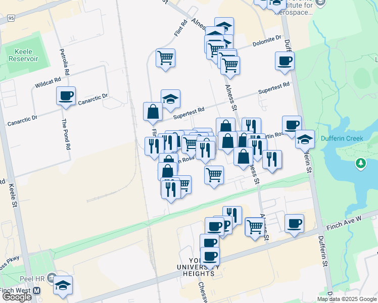 map of restaurants, bars, coffee shops, grocery stores, and more near 120 Martin Ross Avenue in Toronto