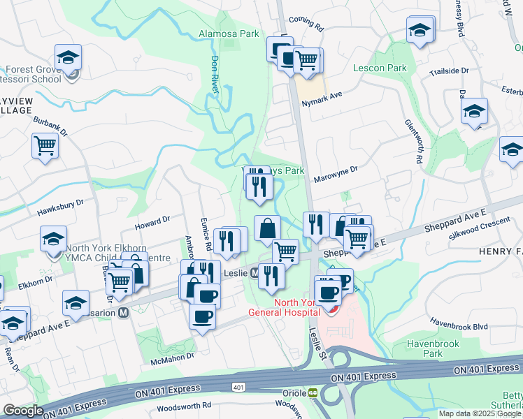 map of restaurants, bars, coffee shops, grocery stores, and more near in Toronto