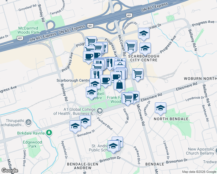 map of restaurants, bars, coffee shops, grocery stores, and more near 70 Town Centre Court in Toronto