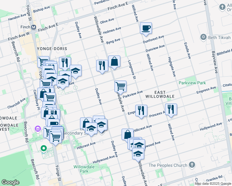 map of restaurants, bars, coffee shops, grocery stores, and more near 161 Parkview Avenue in Toronto