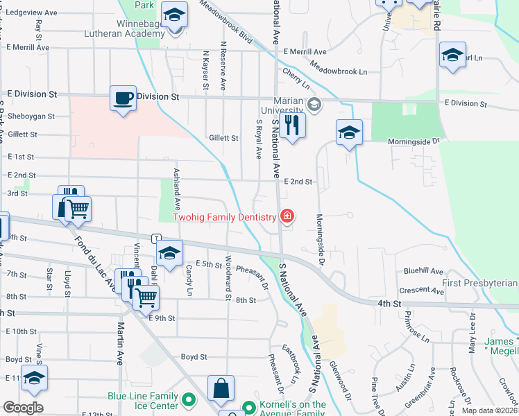 map of restaurants, bars, coffee shops, grocery stores, and more near 206 South Royal Avenue in Fond du Lac