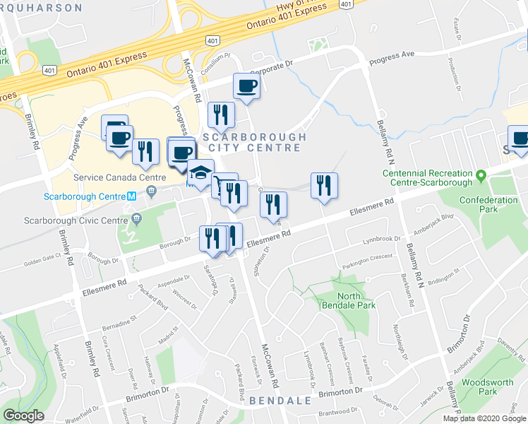 map of restaurants, bars, coffee shops, grocery stores, and more near in Toronto