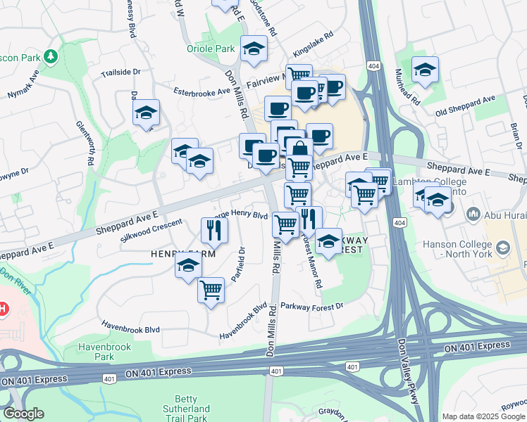 map of restaurants, bars, coffee shops, grocery stores, and more near in Toronto