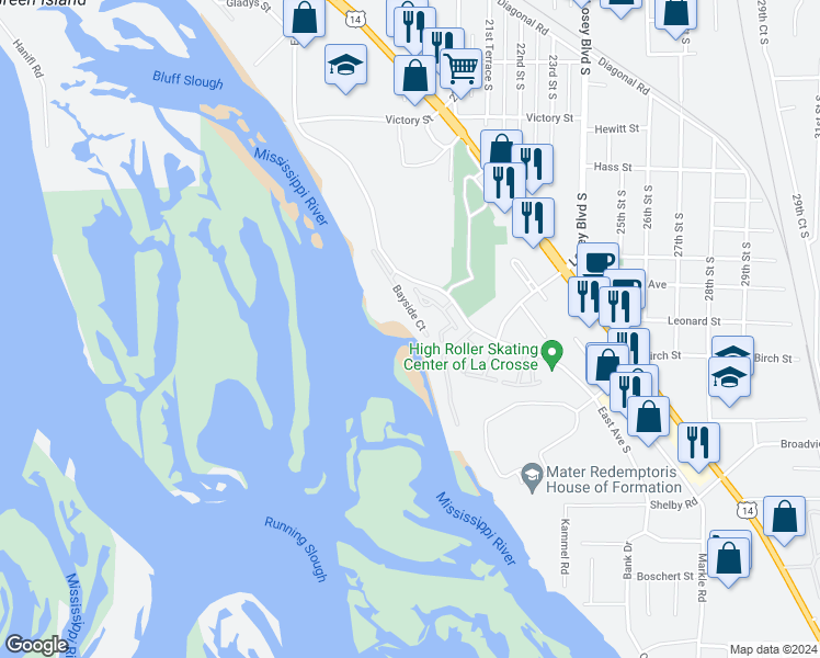 map of restaurants, bars, coffee shops, grocery stores, and more near 3358 Bayside Court in La Crosse