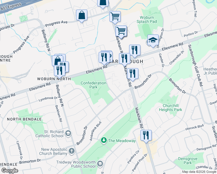 map of restaurants, bars, coffee shops, grocery stores, and more near 117 Dolly Varden Boulevard in Toronto