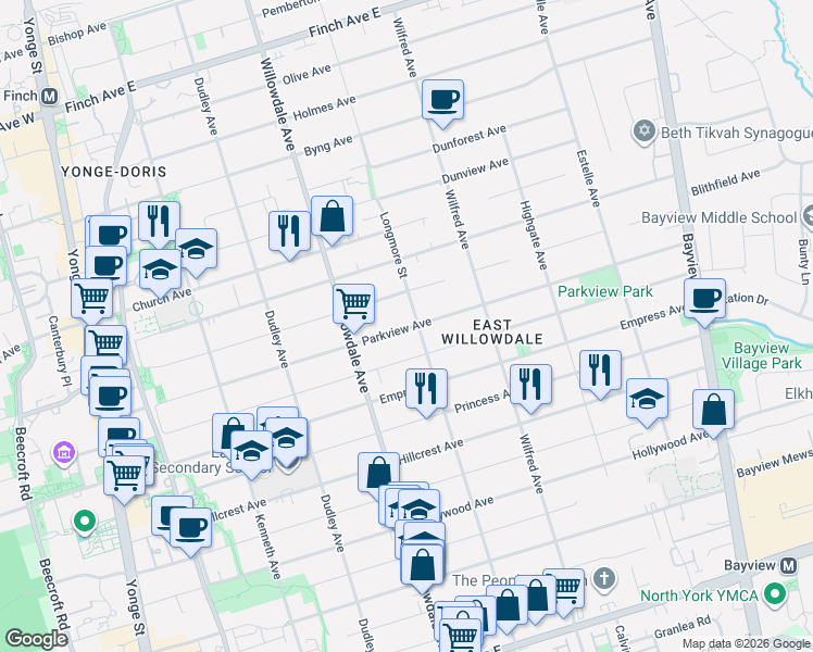 map of restaurants, bars, coffee shops, grocery stores, and more near 216 Parkview Avenue in Toronto