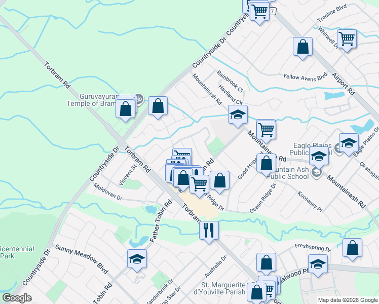 map of restaurants, bars, coffee shops, grocery stores, and more near 31 Snowshoe Lane in Brampton