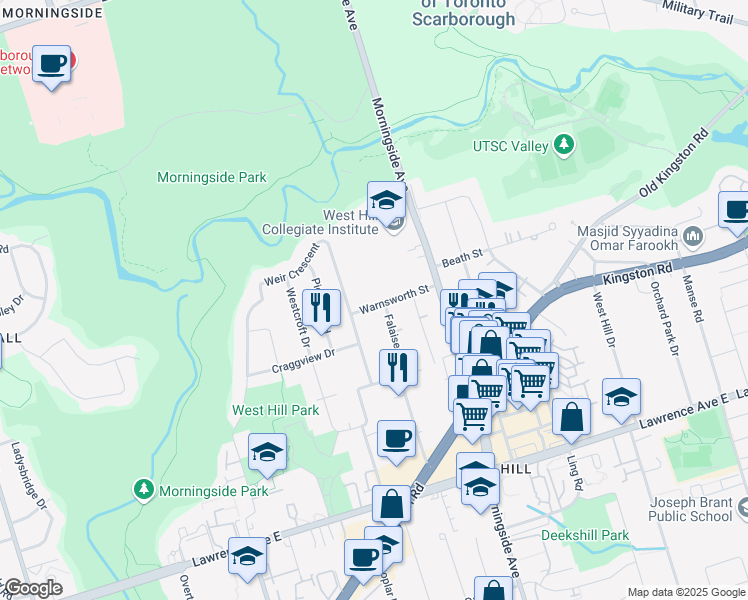 map of restaurants, bars, coffee shops, grocery stores, and more near 12 Warnsworth Street in Toronto