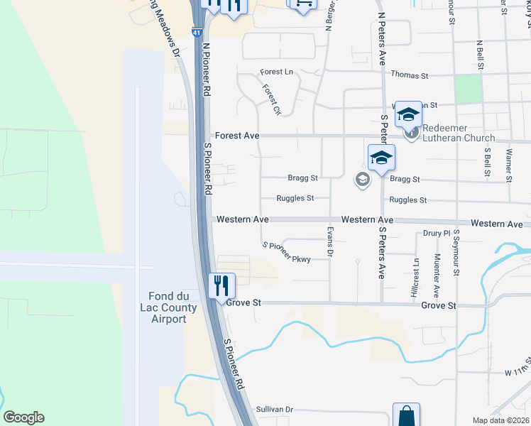 map of restaurants, bars, coffee shops, grocery stores, and more near 846 South Pioneer Parkway in Fond du Lac