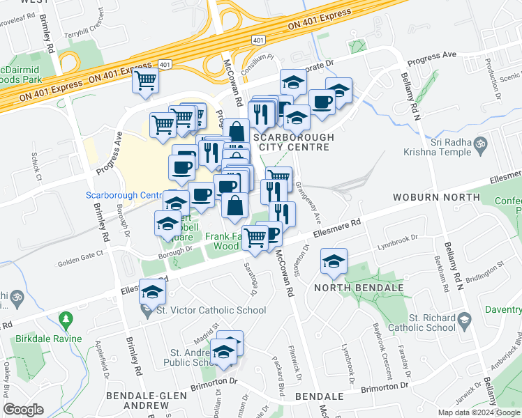 map of restaurants, bars, coffee shops, grocery stores, and more near 61 Town Centre Court in Toronto