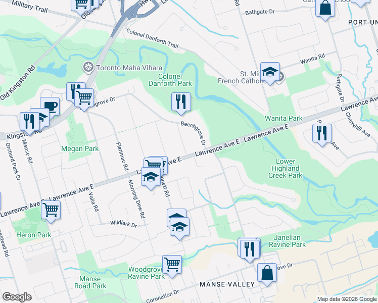 map of restaurants, bars, coffee shops, grocery stores, and more near 4450 Lawrence Avenue East in Toronto