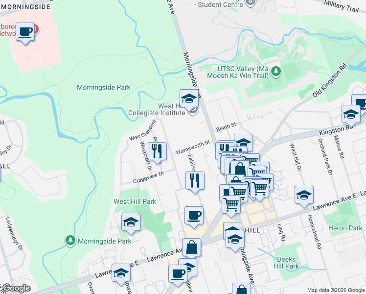 map of restaurants, bars, coffee shops, grocery stores, and more near 12 Warnsworth Street in Toronto