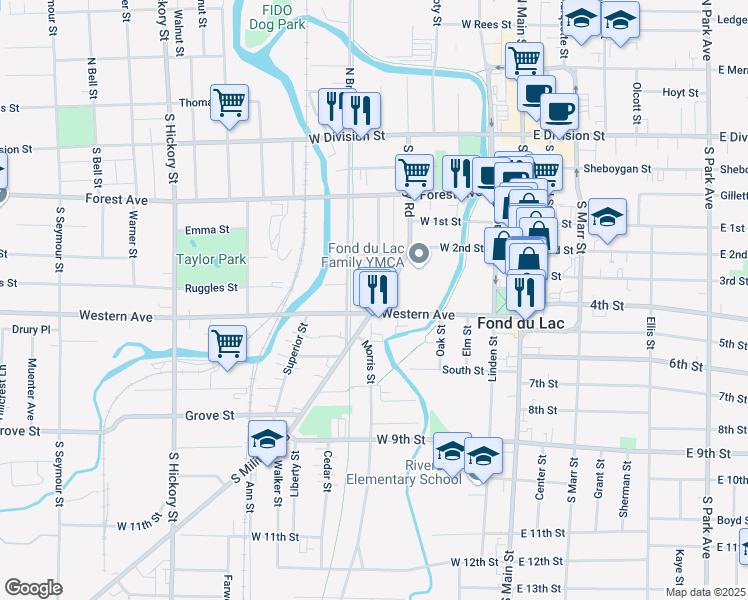 map of restaurants, bars, coffee shops, grocery stores, and more near 190 South Military Road in Fond du Lac