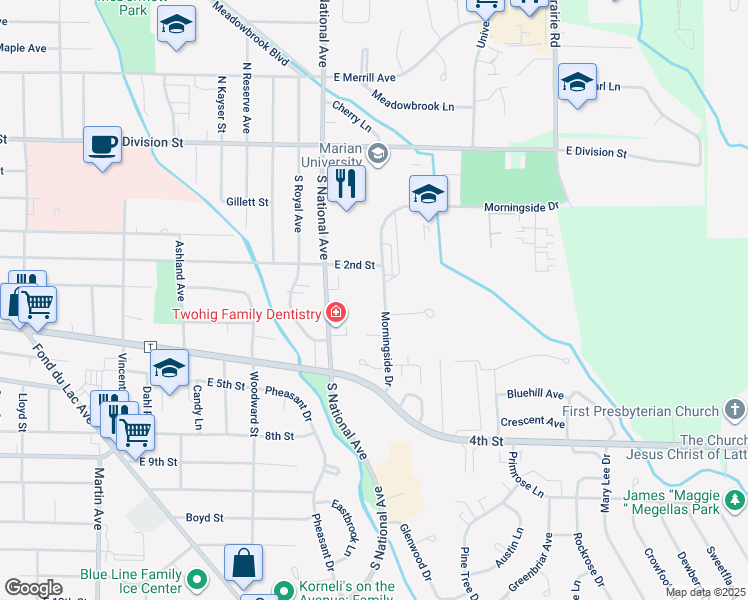 map of restaurants, bars, coffee shops, grocery stores, and more near 716 East 2nd Street in Fond du Lac
