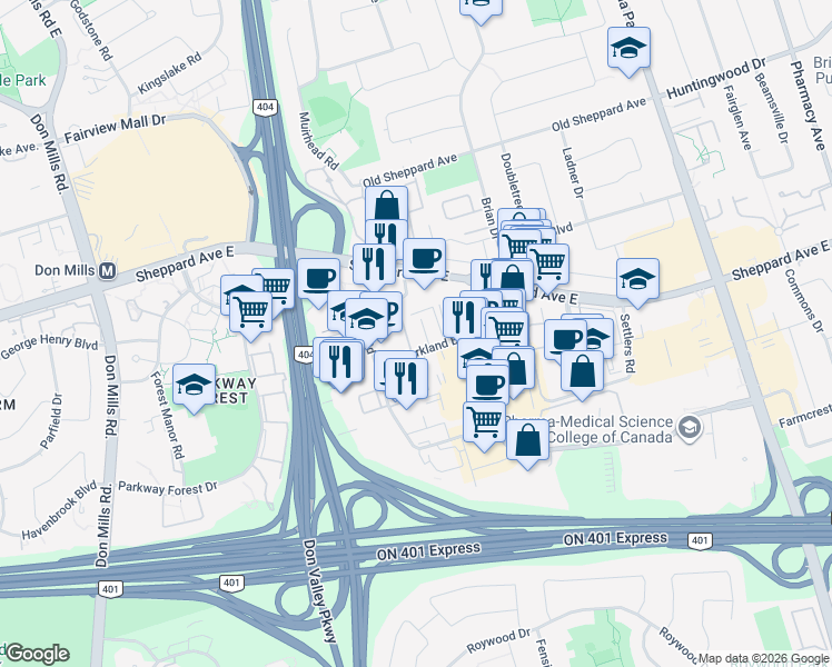 map of restaurants, bars, coffee shops, grocery stores, and more near 275 Yorkland Boulevard in Toronto