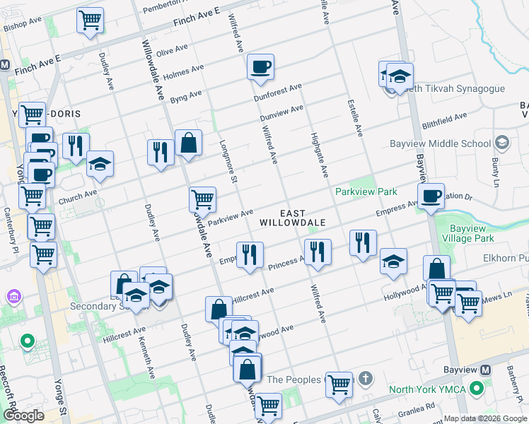 map of restaurants, bars, coffee shops, grocery stores, and more near 247 Parkview Avenue in Toronto