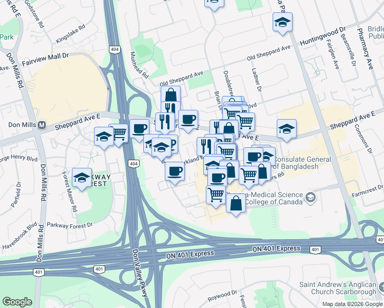 map of restaurants, bars, coffee shops, grocery stores, and more near 287 Yorkland Boulevard in Toronto