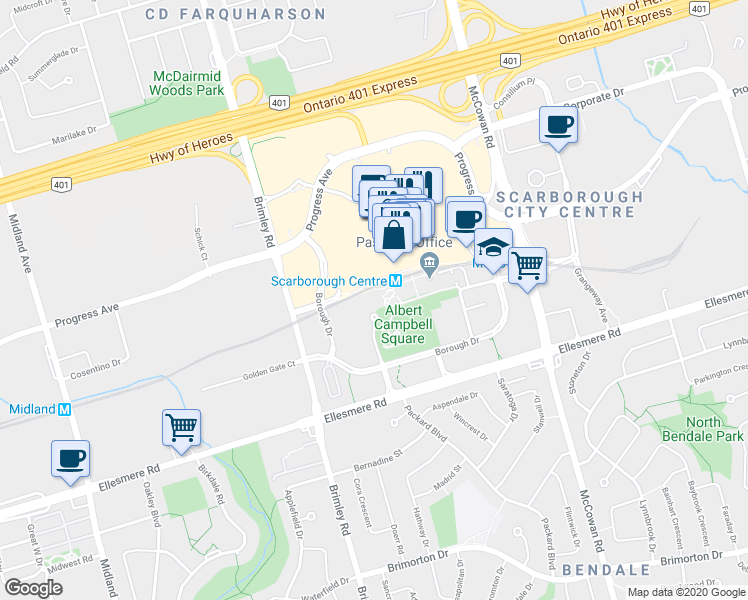 map of restaurants, bars, coffee shops, grocery stores, and more near 300 Borough Drive in Toronto