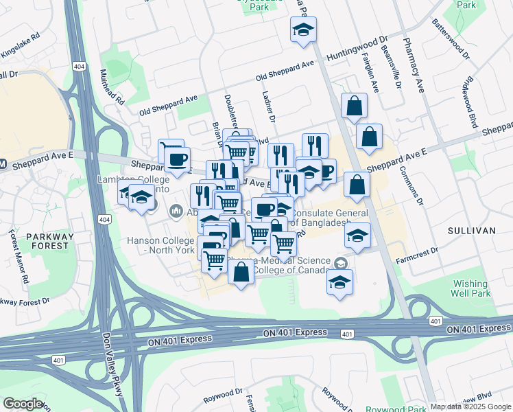 map of restaurants, bars, coffee shops, grocery stores, and more near 55 Ann O'Reilly Road in Toronto