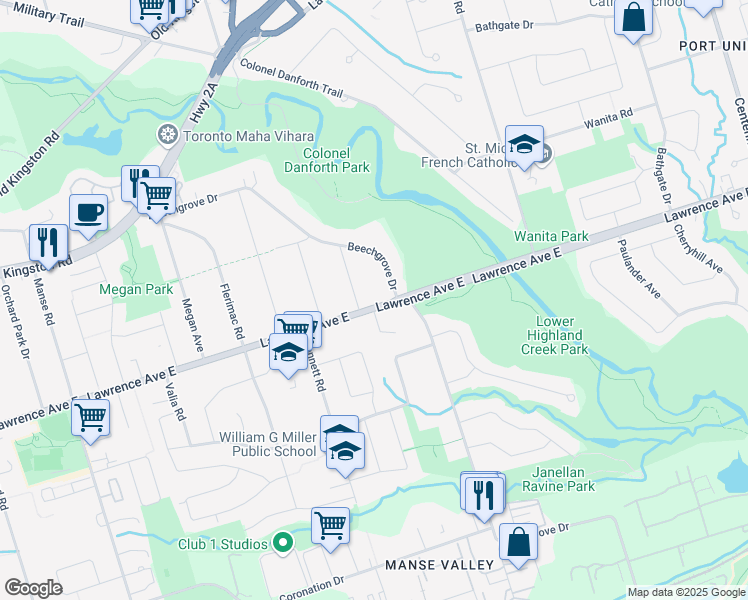 map of restaurants, bars, coffee shops, grocery stores, and more near 4454 Lawrence Avenue East in Toronto