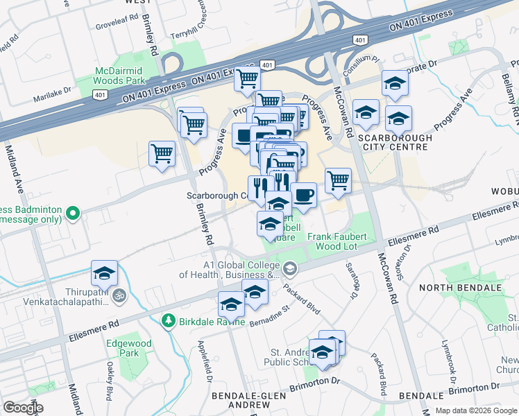 map of restaurants, bars, coffee shops, grocery stores, and more near 50 Brian Harrison Way in Toronto