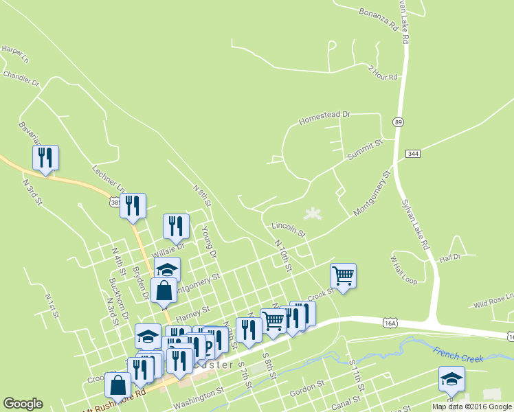 map of restaurants, bars, coffee shops, grocery stores, and more near 563 Grunewaldt Drive in Custer