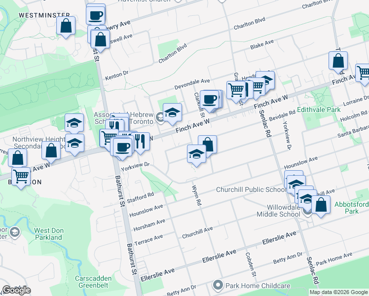 map of restaurants, bars, coffee shops, grocery stores, and more near 5 Fleetwell Court in Toronto
