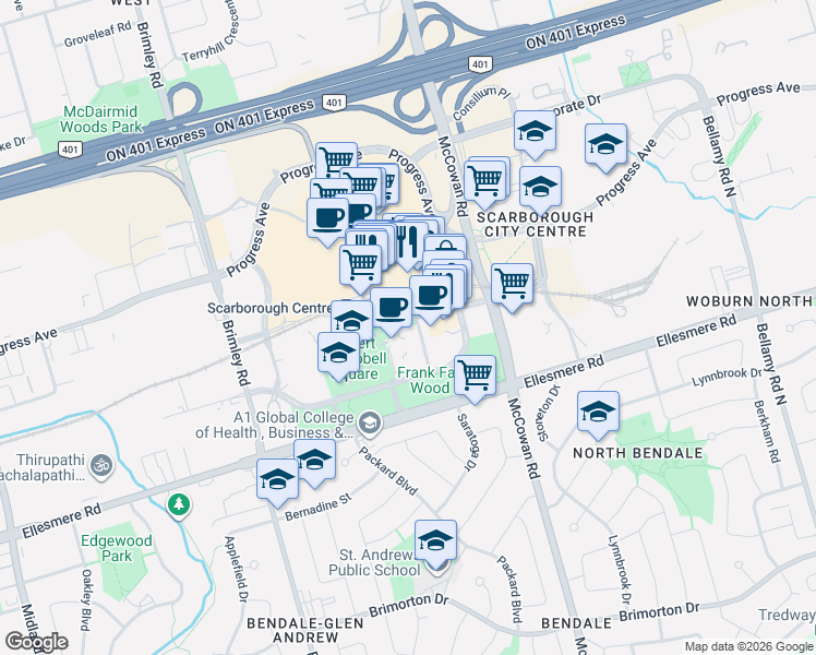 map of restaurants, bars, coffee shops, grocery stores, and more near 70 Town Centre Court in Toronto