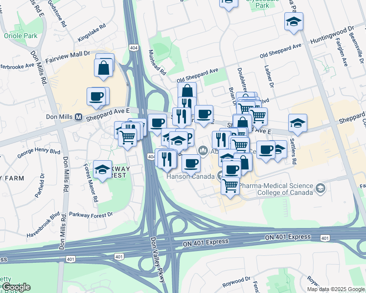 map of restaurants, bars, coffee shops, grocery stores, and more near in Toronto