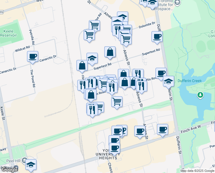map of restaurants, bars, coffee shops, grocery stores, and more near 96 Martin Ross Avenue in Toronto