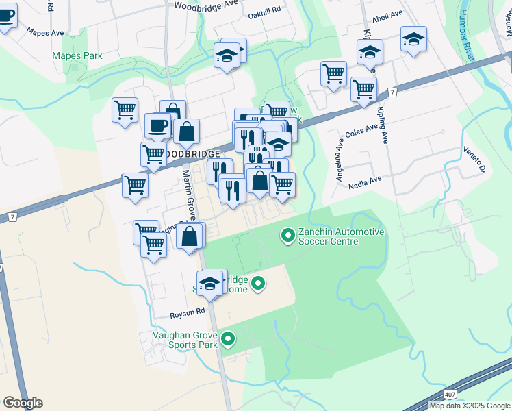map of restaurants, bars, coffee shops, grocery stores, and more near 137 Woodstream Boulevard in Vaughan