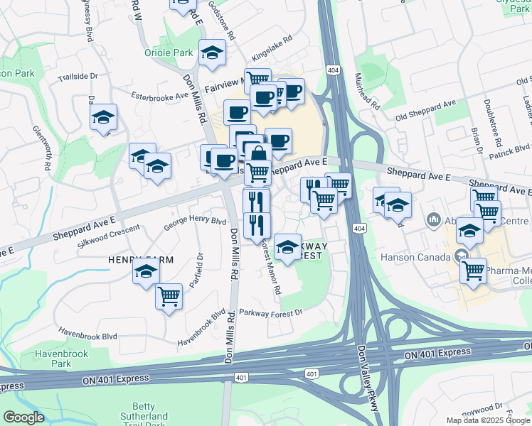 map of restaurants, bars, coffee shops, grocery stores, and more near 68 Forest Manor Road in Toronto