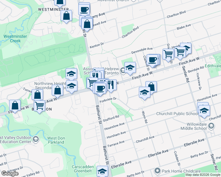 map of restaurants, bars, coffee shops, grocery stores, and more near in Toronto