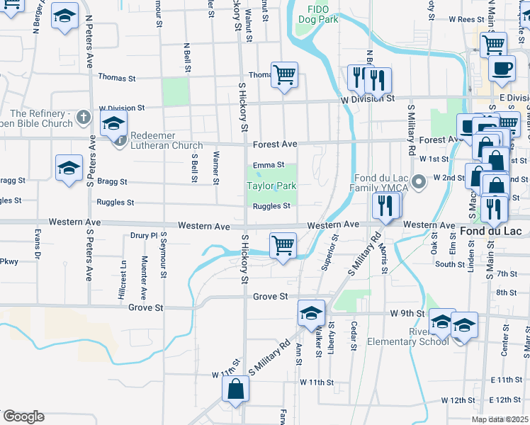 map of restaurants, bars, coffee shops, grocery stores, and more near 374 Ruggles St in Fond du Lac